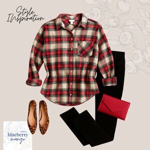 Holiday Plaid Flannel Shirt Women’s Button-Up Red White Green Gold | Size M